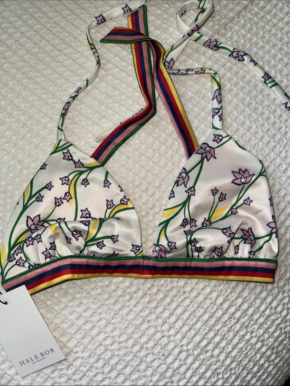 Hale Bob White Floral Triangle Bikini Top with Rainbow Striped Band
